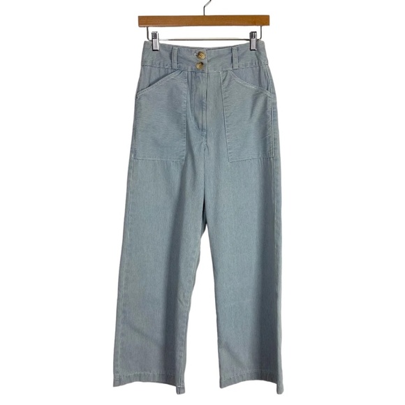 SELF CONTRAST BLUE AND WHITE PINSTRIPE FRONT POCKET WIDE LEG JEANS - Picture 1 of 3